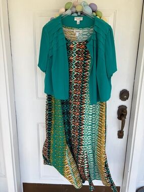 dressbarn Teal Jacket with Multicolor Geometric Maxi Dress